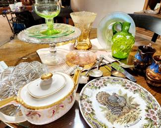 Uranium Glass, English Teapot, Copper Lustre, Cut Glass