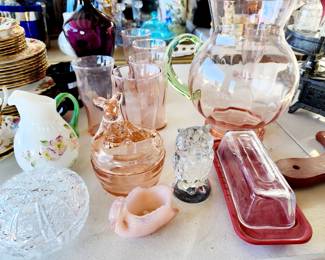 Pink Green Elegant  Depression Glass Pitcher and Glasses 