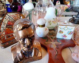 Lincoln Still Bank, Antique Inkwells, Cyclone Egg Scale, Consilodated Glass Pitcher