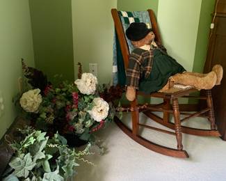 Vintage Childs rocking chair, decorative plants, quilt
