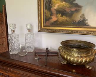 Decanters, unique crosses, brass decorative bowl