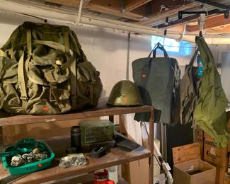 Military helmet, backpacks, etc