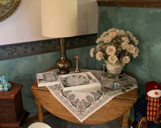 Drop leaf table, beer tray, mid century lamp, home decor