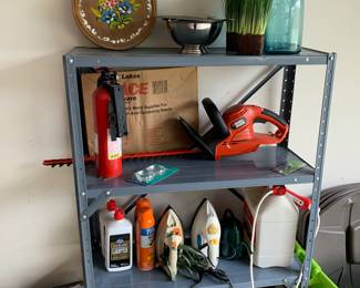 Shelving unit, irons, hedge trimmers