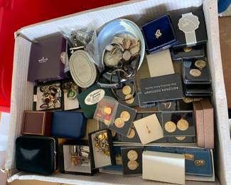 Misc. foreign coins, military, jewelry 