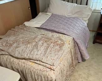 Twin headboard, bedding and mattress
