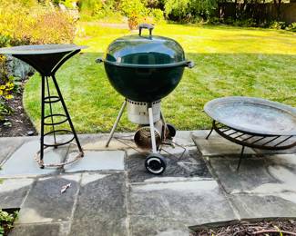 Metal Birdbath, Webber Grill and Fire Pit 