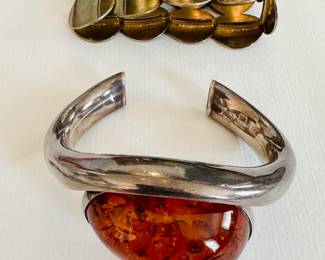 Modernist H J Zdanowscy (Poland) sterling silver and Baltic amber cuff bracelet (lower)