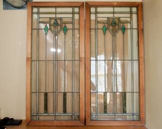 Stunning pair of Arts & Crafts, Prairie School, stained glass windows!! Each window measuring 20 3/4" wide x 44 3/4" high