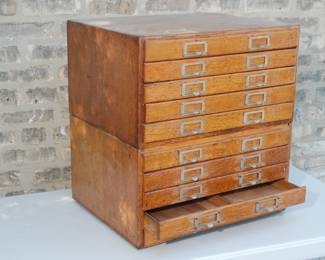 Side view of beautiful vintage wooden 10-drawer flat file cabinet