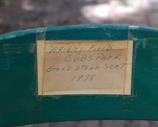 Tag detail of green Wrigley Field Cubs Park Grand Stand seat, from 1978