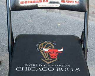 Seat detail of 1998 Chicago Bulls World Champions court-side chair, 1997-98 Regular Season 62-20, 1998 Play-offs 15-6