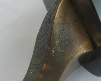 Signature detail of abstract Mid-Century Modern sculpture by Tom Bennett, signed bronze and marble, signed 1978, 16/100
