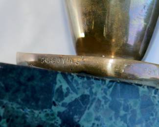 A closer signature detail of abstract sculpture by Peter Calaboyias, bronze and marble, titled Psyche No. 2