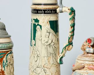 Ceramic German beer stein with pewter lid (#1), 2 1/2 Liter, inscription reads, "Die affen Deutschen sie Tranken noch eins , Sie Wohnten am Ufer des Rhien's"