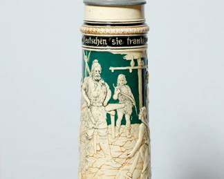 Front view of ceramic German beer stein with pewter lid (#1), 2 1/2 Liter, inscription reads, "Die affen Deutschen sie Tranken noch eins , Sie Wohnten am Ufer des Rhien's"