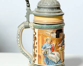 Handle right view of vintage yellow ceramic German beer stein with lid (#5), tavern scene featuring a lady in a blue dress