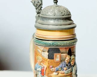 Vintage yellow ceramic German beer stein with lid (#5), tavern scene featuring a lady in a blue dress and 2 gentleman at a table