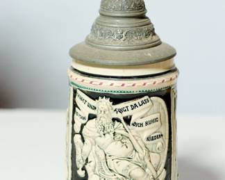 Vintage ceramic German beer stein with pewter lid (#6), inscription reads, "Trinkt Und Singt Woman Da Lass Woman Dich Ruhig Nieder"