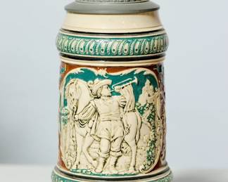 Vintage ceramic beer stein with pewter lid (#7), inscription reads "Behut dich Gott Es wor zu schongewesen"