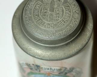 Pewter lid of ceramic German Braukaus beer stein (#3), inscription reads "Monchener Burgerbraeu"
