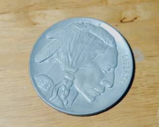 Aluminum dish replica of a 1913 Indian head buffalo coin
