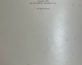 Copyright page of "Longfellow's Poems: Volume I" by Henry Wadsworth Longfellow. Published by The Riverside Press, Cambridge, Mass. in 1880. Printed by H.O. Hougton & Co.