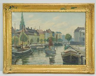 Large antique oil painting of boats and a colorful village shoreline, probably Danish or Dutch, signed lower right