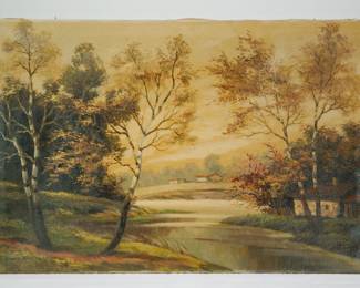 Paul Kujal (1888 - 1965), oil on canvas, signed lower left. Landscape oil painting of trees with leaves changing color for the autumn