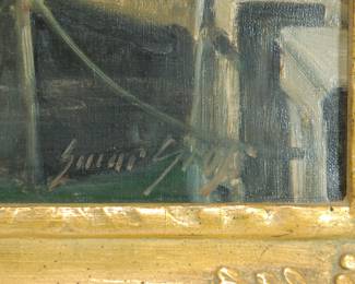 Artist signature on large antique oil painting of boats and a colorful village shoreline, probably Danish or Dutch