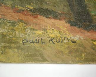 Artist signature on Paul Kujal (1888 - 1965), oil on canvas, signed lower left. Landscape oil painting of trees with leaves changing color for the autumn.