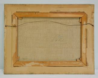 Back detail of oil painting of boats and a colorful village shoreline