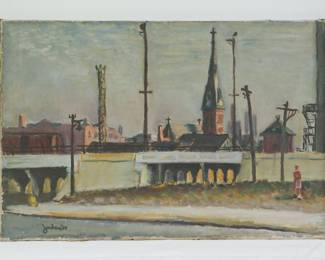 Signed and dated Jordan '39, lower left. Large scale oil painting on canvas on stretchers showing a realistic scene of viaducts from a deserted street and the city beyond.