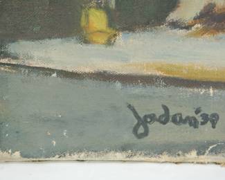 Signature on lower left reading "Jordan '39" of large scale oil painting on canvas on stretchers showing a realistic scene of viaducts from a deserted street and the city beyond.