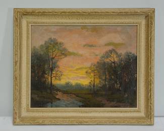 Signed oil painting by Ernest Frederic of autumn trees at sunset