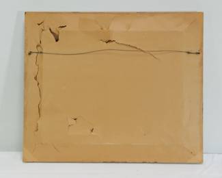 Back view of signed oil painting by Ernest Frederic of autumn trees at sunset
