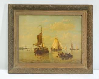 Signed Hendrick Hulk (1842 - 1937) Active/lived in France and the Netherlands, known for seascapes and harbor scenes. Oil on canvas under glass, painting of schooners, sailboats, and a rowboat coming into harbor, signed lower right.