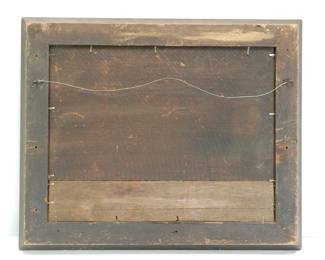 Back detail of Signed Hendrick Hulk, oil on canvas under glass, painting of schooners, sailboats, and a rowboat coming into harbor.