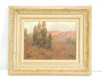 Signed E PAYNE oil painting of landscape, rolling hills and evergreens at sunset, signed lower right, attributed to Edgar Alwin Payne