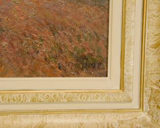 Artist signature at lower right of signed E PAYNE oil painting of landscape, rolling hills and evergreens at sunset, attributed to Edgar Alwin Payne