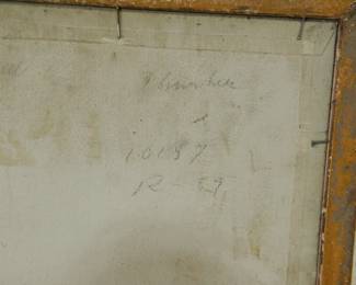 Back detail of signed E PAYNE oil painting of landscape, rolling hills and evergreens at sunset, signed lower right, attributed to Edgar Alwin Payne