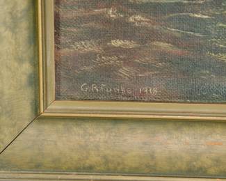 Detail of signed and dated lower left, G.R. Funke, 1918. Oil painting of two schooners with full sails.