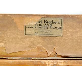 Back detail of signed G.R. Funke, 1918 oil painting of two schooners with full sails.