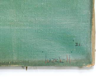 Signature and date detail of St. Mary Lake, signed and dated Hazel H. '21 in the lower right, oil painting on canvas of St. Mary Lake in Glacier National Park.