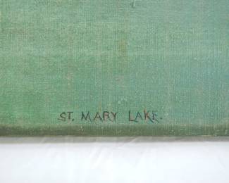 Title detail of St. Mary Lake, and signed and dated Hazel H. '21 in the lower right, oil painting on canvas of St. Mary Lake in Glacier National Park