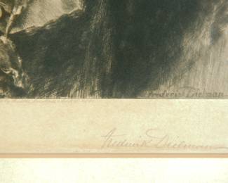Signature detail of framed print of a portrait of a 19th century lady, dated 1890 by artist Frederick Dielman