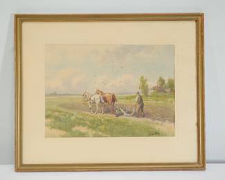 Landscape of a farmer tilling soil with two horses, signed at lower right, J. de Wit.