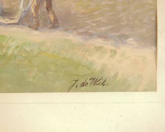 Signature detail at lower right of landscape of a farmer tilling soil with two horses, J. de Wit.