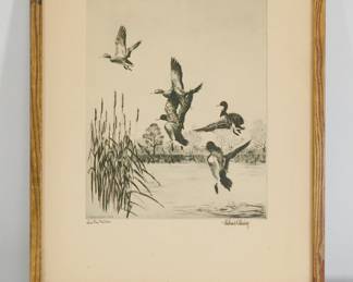 Framed etching by Richard E. Bishop, 1938, titled, "Lake Erie Mallards"