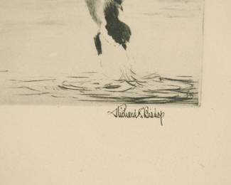 Signature on mat at lower right of framed etching by Richard E. Bishop '38, titled, "Lake Erie Mallards"